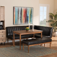 Baxton Studio BBT8051.12-Dark BrownWalnut-4PC Dining Nook Set Baxton Studio Daymond Mid-Century Modern Dark Brown Faux Leather Upholstered and Walnut Brown Finished Wood 4-Piece Dining Nook Set